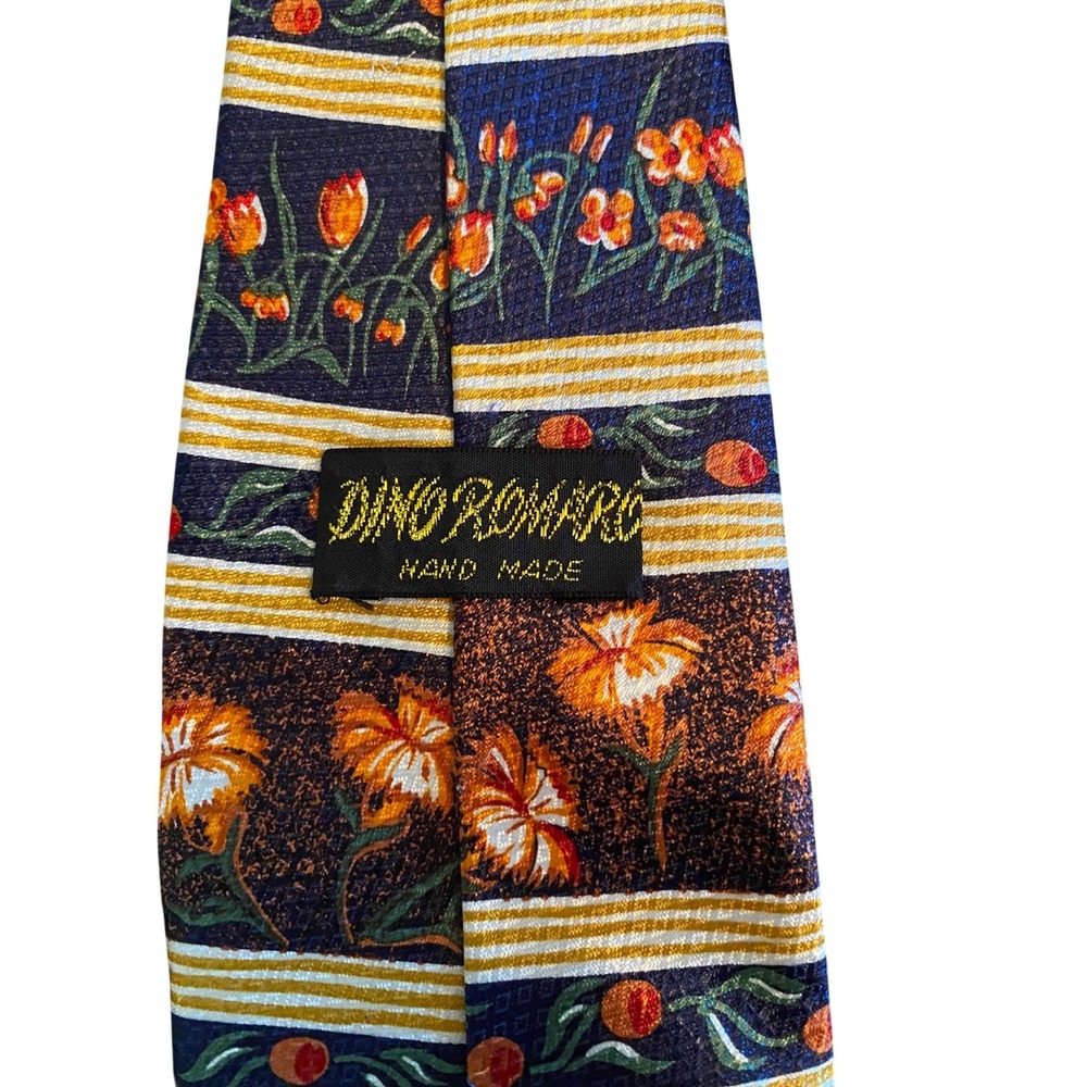 Dino Romano Hawaii Gecko Floral Striped Navy Blue Hand Made Silk Necktie